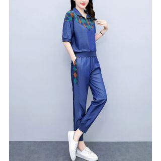 Set: Elbow-sleeve Argyle Panel Denim Top + Sweatpants