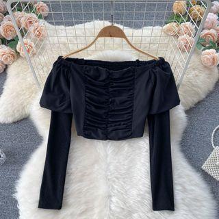 Off-shoulder Ruched Cropped Long-sleeve Top