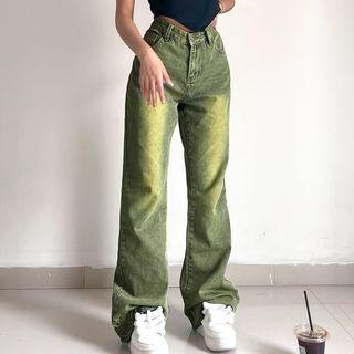 High Waist Gradient Embroidery Raw Hem Jeans