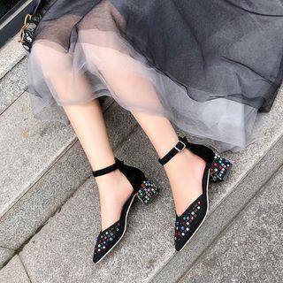 Genuine Leather Embellished Ankle Strap Block Heel Sandals