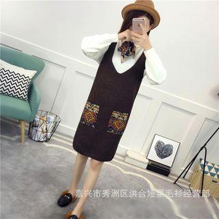 Patterned Pocket Long Knit Tank Dress