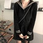 Long-sleeve Sailor Collar Mini A-line Dress Black - One Size