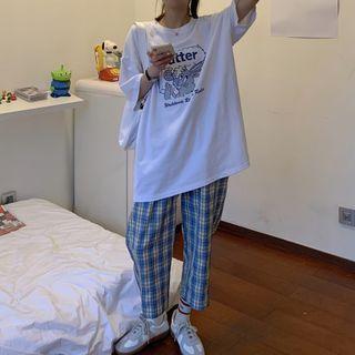 Rabbit Print Elbow-sleeve T-shirt / Plaid Cropped Straight-fit Pants