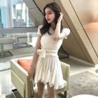 Plain Short-sleeve Slim-fit Top / Ruffle Skirt White - One Size
