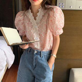 Puff-sleeve Lace Trim Floral Print Blouse