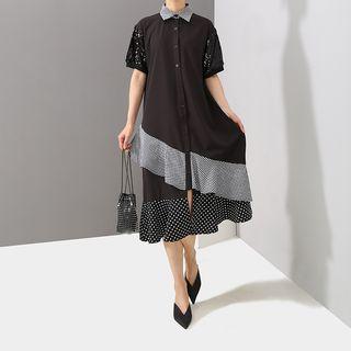 Short-sleeve Dotted Panel Shirt Dress Black - One Size