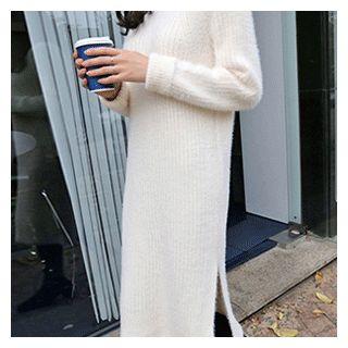 Slit-hem Wool Blend Knit Dress Cream - One Size