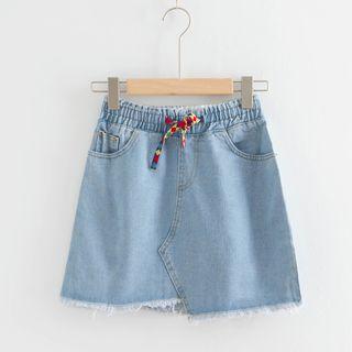 Drawstring Waist Fray Hem Denim Skirt