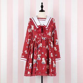 Bear Print Sailor Collar Long Sleeve Dress