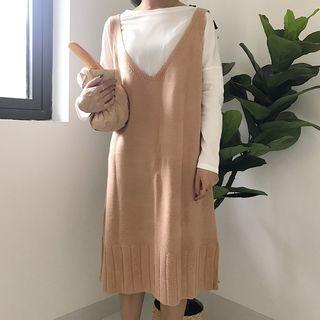 Plain Long Sleeve T-shirt / Plain Knit Midi Pinafore Dress