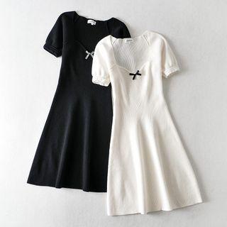 Ribbon Puff-sleeve A-line Knit Dress