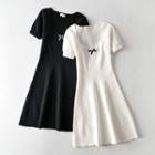 Ribbon Puff-sleeve A-line Knit Dress