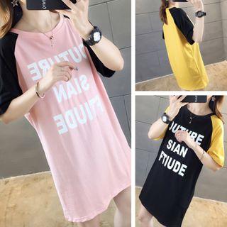 Lettering Elbow-sleeve Midi T-shirt