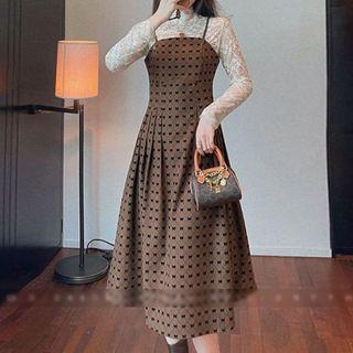 Set: Long-sleeve Lace Top + Spaghetti Strap Print Midi Dress