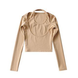 Long-sleeve Mock Two-piece Halter-neck T-shirt