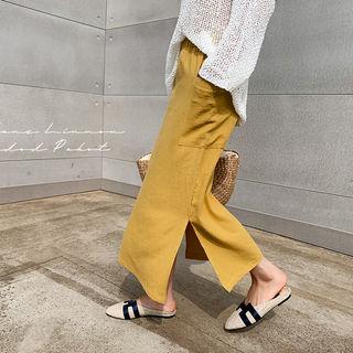 Band-waist Slit-side Linen Blend Skirt