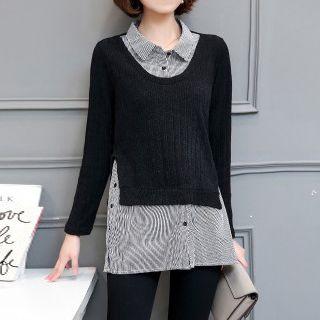 Mock Two Piece Striped Panel Collared Long Sleeve Top
