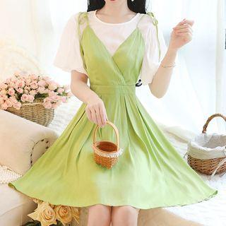 Set: Plain Short-sleeve T-shirt + V-neck Spaghetti Strap A-line Dress