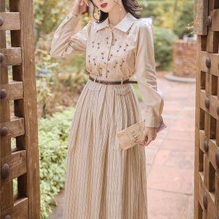 Set: Flower Embroidered Shirt + Striped Midi A-line Skirt + Faux Leather Belt