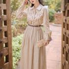 Set: Flower Embroidered Shirt + Striped Midi A-line Skirt + Faux Leather Belt