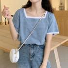 Pinstriped Square-neck Short-sleeve T-shirt