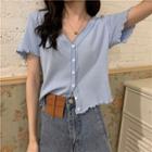 Frill-hem V-neck Short-sleeve Cardigan