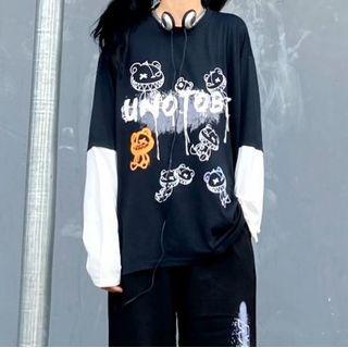 Mock Two Piece Long Sleeve Printed Top / Printed Wide-leg Pants