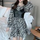 Set: Long-sleeve Floral Print Mini A-line Dress + Spaghetti Strap Faux Leather Top