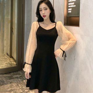 Long-sleeve Embellished Mini A-line Velvet Dress