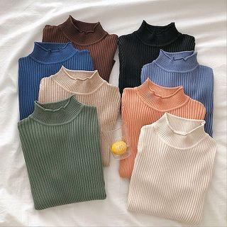Plain Mock-neck Ruffled-trim Long-sleeve Sweater