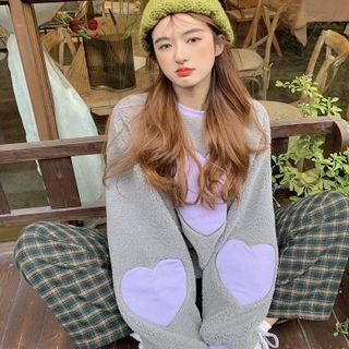 Heart Fleece Loose-fit Pullover Gray - One Size