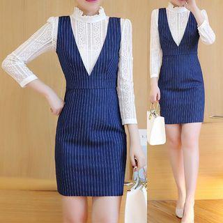 Set : Long-sleeve Lace Top + Pinstripe Sleeveless Dress
