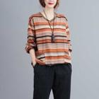 Long-sleeve Striped V-neck T-shirt As Shown In Figure - One Size