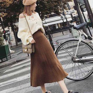 Set: Lace-up Sweater + Midi A-line Knit Skirt