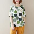Elbow-sleeve Dotted Linen Blend T-shirt As Shown In Figure - One Size