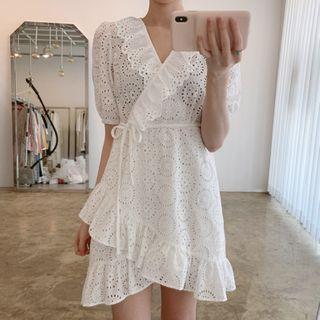 Short-sleeve Asymmetric Lace Trim Tie-waist Perforated Dress