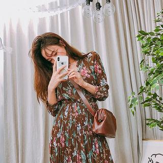 Floral Chiffon Accordion-pleat Maxi Shirtdress