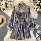 Mesh Panel Velvet Cutout Puff-sleeve Dress