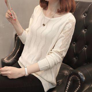 Long-sleeve Mesh Paneled Perforated Knit Top