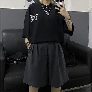 Butterfly Print Collared Elbow-sleeve T-shirt