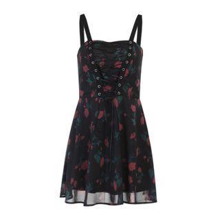 Set: Spaghetti Strap Floral Print Mini Dress + Long-sleeve Mesh Top