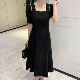 Puff-sleeve Square-neck Lace Panel A-line Dress