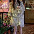 Long-sleeve Frill Trim Drawstring Dress