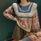 Long-sleeve Frill Trim Pattern Sweater