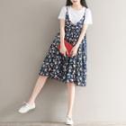 Set: Crew-neck Short-sleeve T-shirt + V-neck Flower Print Spaghetti Strap Dress
