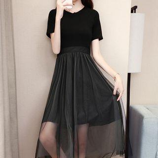 Short-sleeve Sheer Panel A-line Midi Dress