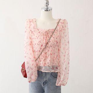 Square-neck Floral Pleated Bow Chiffon Top
