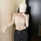 Drawstring Cold-shoulder Cropped Knit Top Almond - One Size