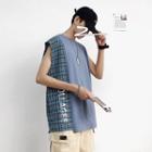 Sleeveless Plaid Paneled T-shirt