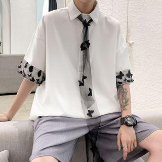 3/4 Sleeve Mesh Panel Butterfly Print Shirt + Mesh Tie